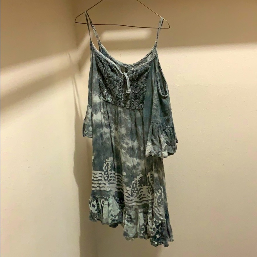 Grayish off the shoulder dress.